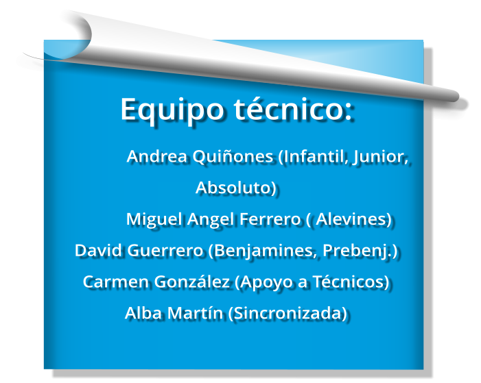 Equipo técnico:               Andrea Quiñones (Infantil, Junior, Absoluto)                        Miguel Angel Ferrero ( Alevines) David Guerrero (Benjamines, Prebenj.) Carmen González (Apoyo a Técnicos) Alba Martín (Sincronizada)